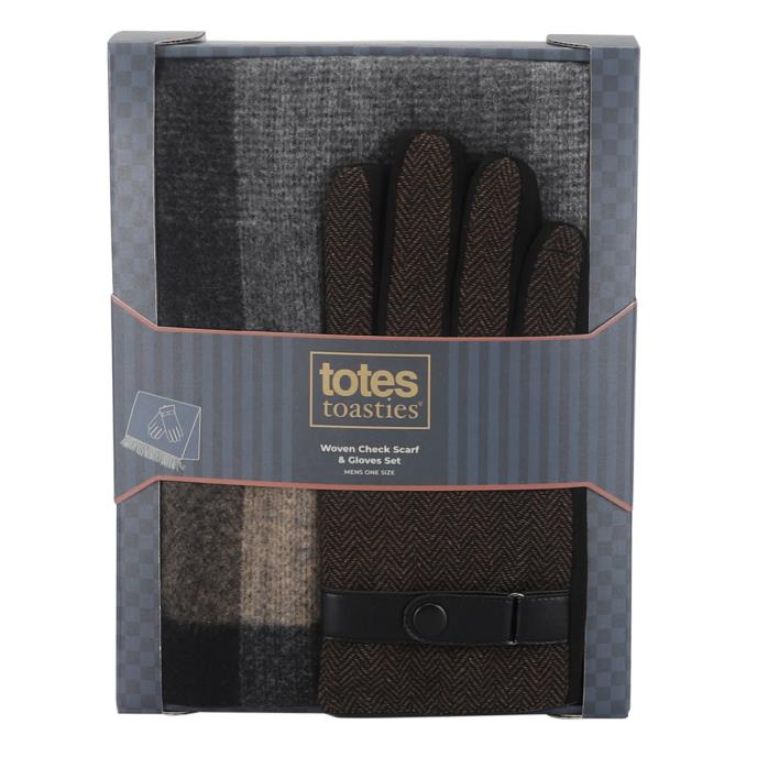 totes toasties® Mens Woven Check Scarf & Herringbone Gloves Set Brown / Grey  Extra Image 5